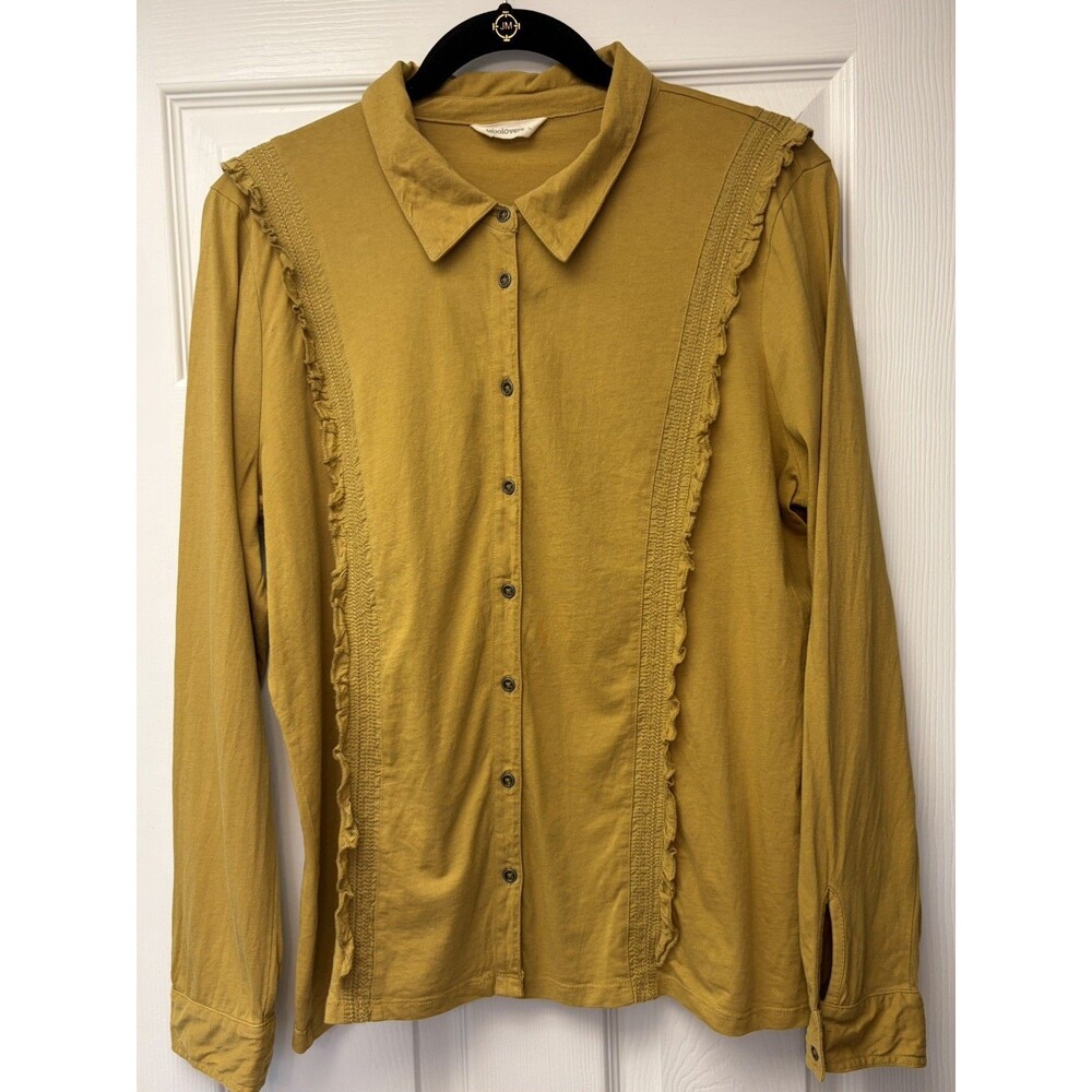 Woolovers 100% Organic Cotton button Shirt Women large Long Sleeve collar gold